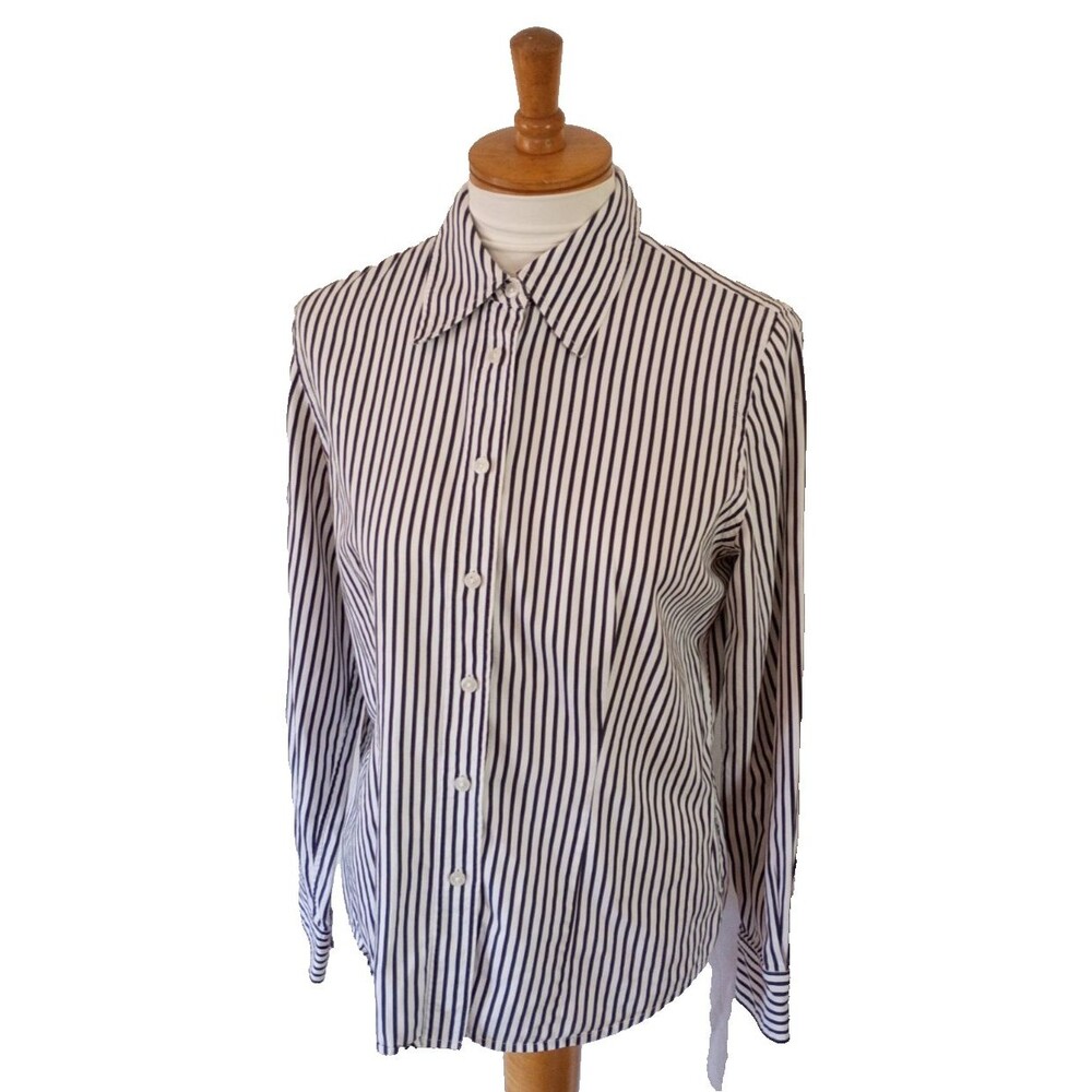 Jones New York Signature Shirt Black/White Stripe Long Sleeve Button Up Size M